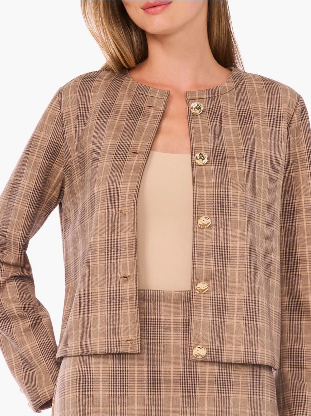 Ted Baker Plaid Collarless Jacket in Taupe/brown plaid XL